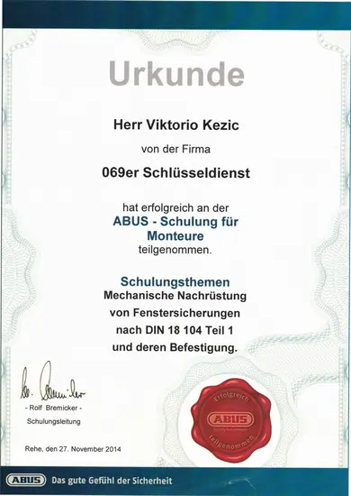 Link zum Zertifikat für Fenster-Sicherungen
