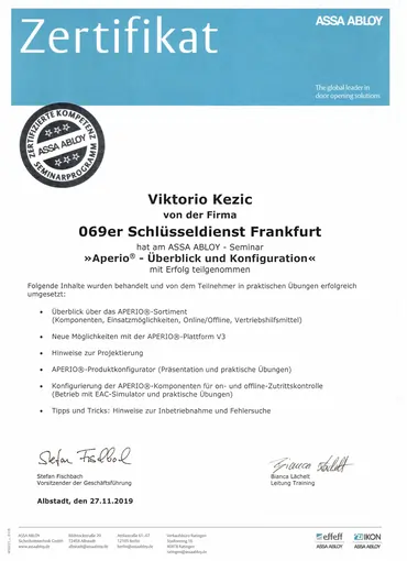 Link zum Zertifikat für Aperio Zutrittskontrolle