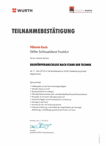 Link zum Zertifikat für Baukörperanschluss