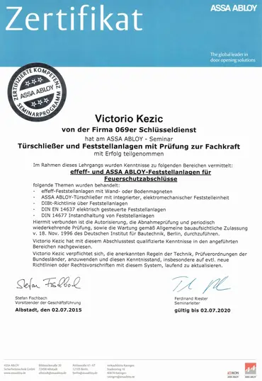 Link zum Zertifikat für Feststellanlagen