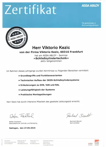 Link zum Zertifikat für Schließzylinder-Technik