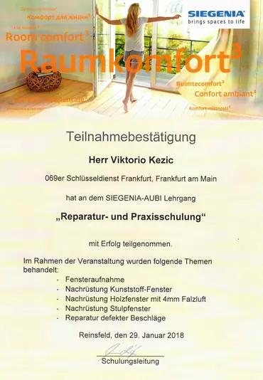 Link zum Zertifikat für Fenster Reparatur