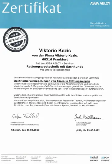 Link zum Zertifikat für Rettungswegtechnik