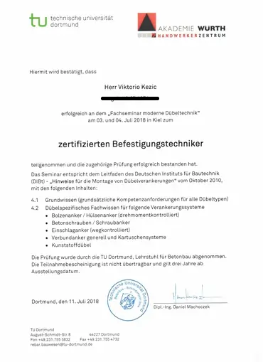 Link zum Zertifikat für Befestigungstechnik